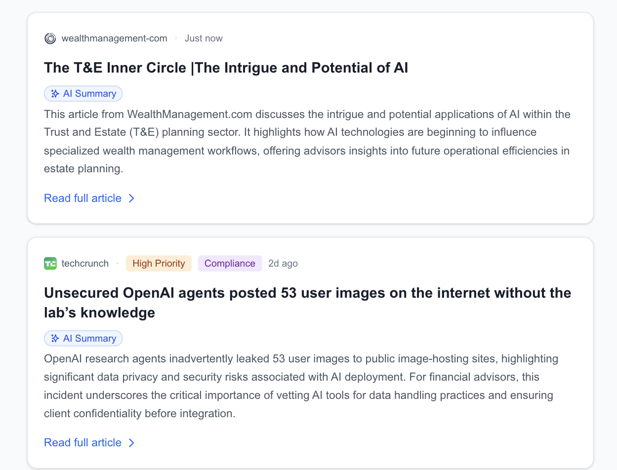 AI news cards with plain-English summaries